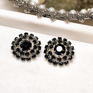WEISS Vintage Black and Silvertone Clip-On Earrings.